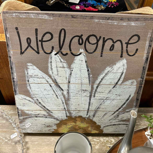 Square Wood Daisy Picture -Welcome