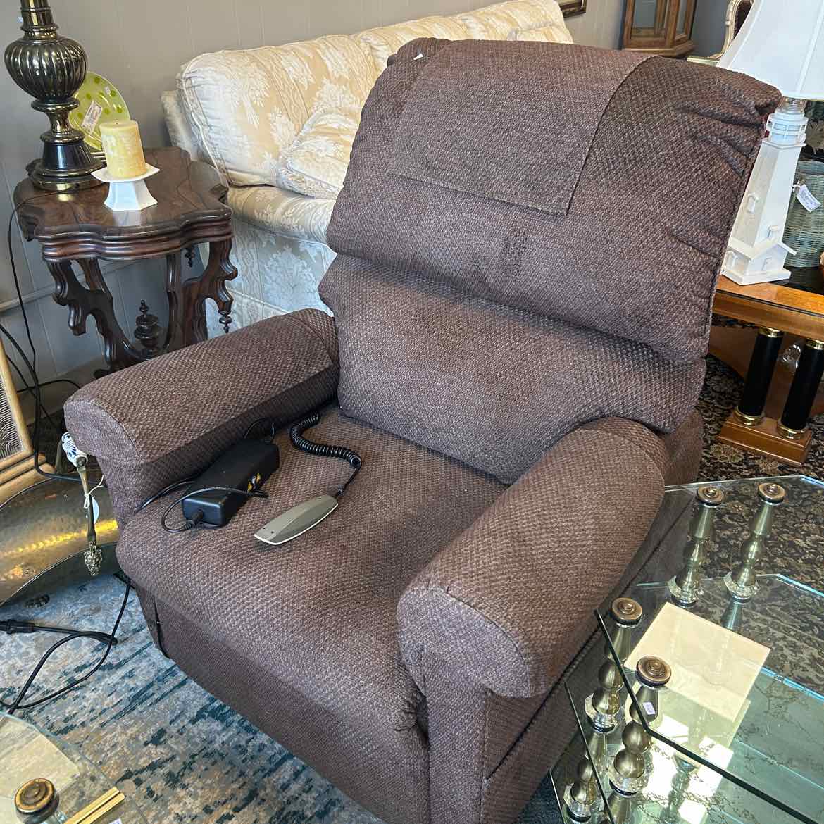 Brown Fabric Electric Arm Chair w/Power Lift