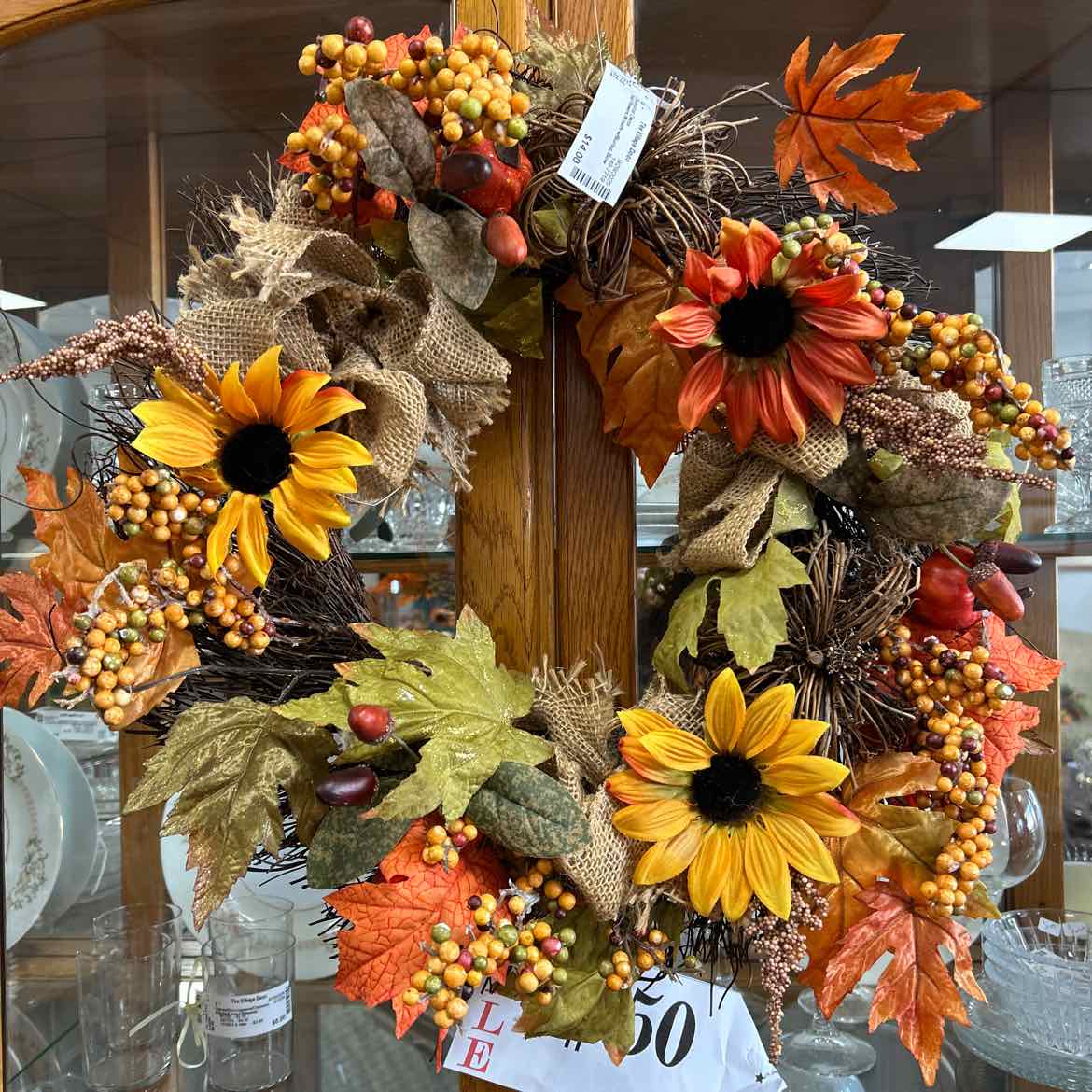 Fall Flowers Wreath w/Burlap Bow