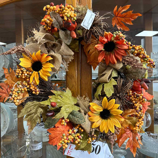Fall Flowers Wreath w/Burlap Bow