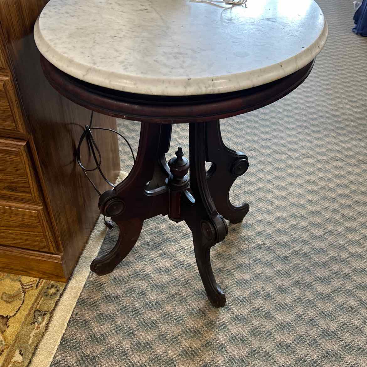 Wood Pedestal Table w/Marble Top