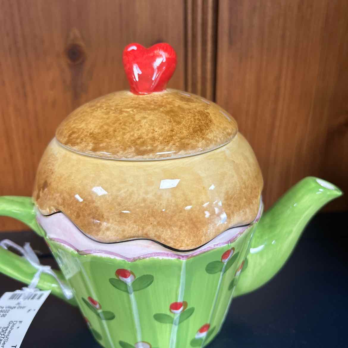 Green/Tan w/Flower Ceramic Teapot