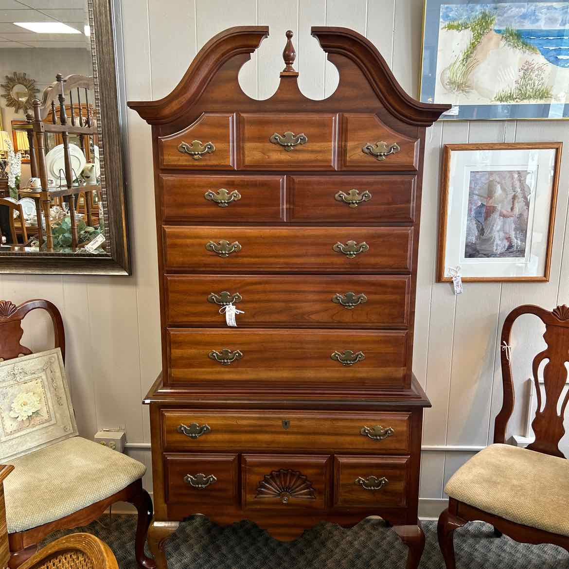 2 pc Highboy Wood Dresser w/Scrolled Top