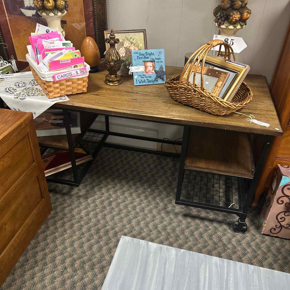 Large Wood & Metal Desk w/Side Shelves
