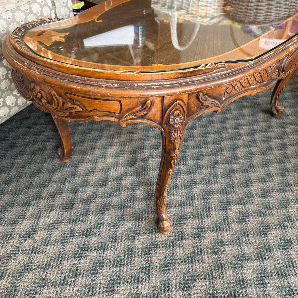 Antique Coffee Table w/Inlaid & Glass Top