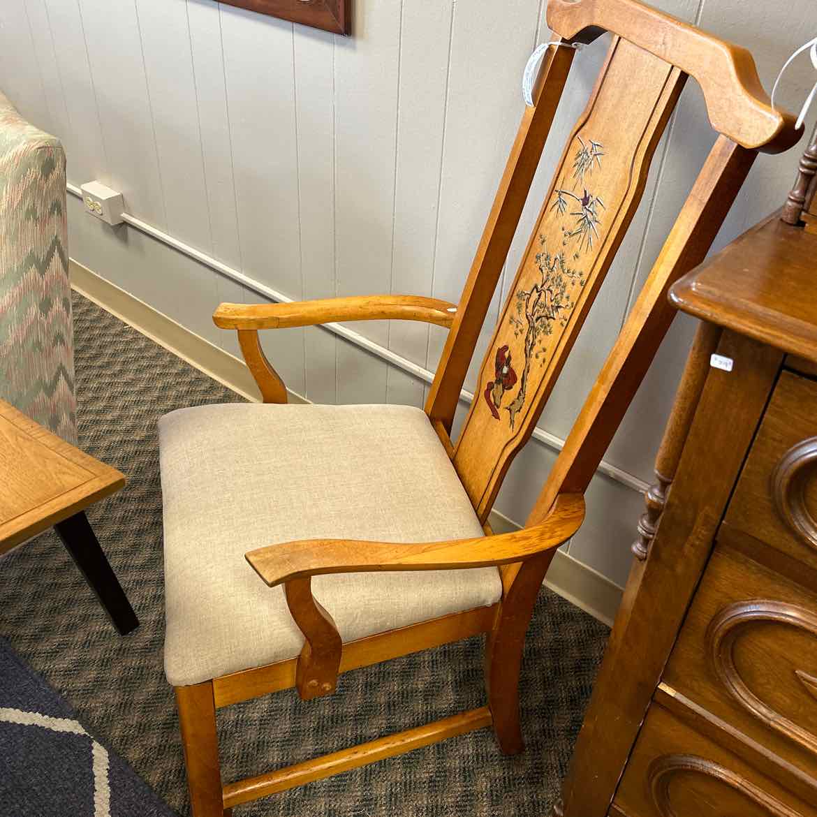 Wood Chair w/Asian Design and Tan Seat