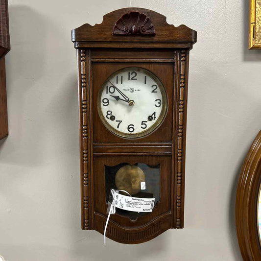 Wood Hanging Clock w/Key Trademark AS IS