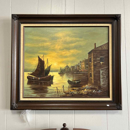 Oil Painting of Sailboat & Buildings