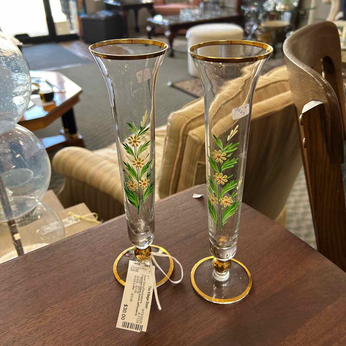 2 Japanese Glass Vases w/Flowers