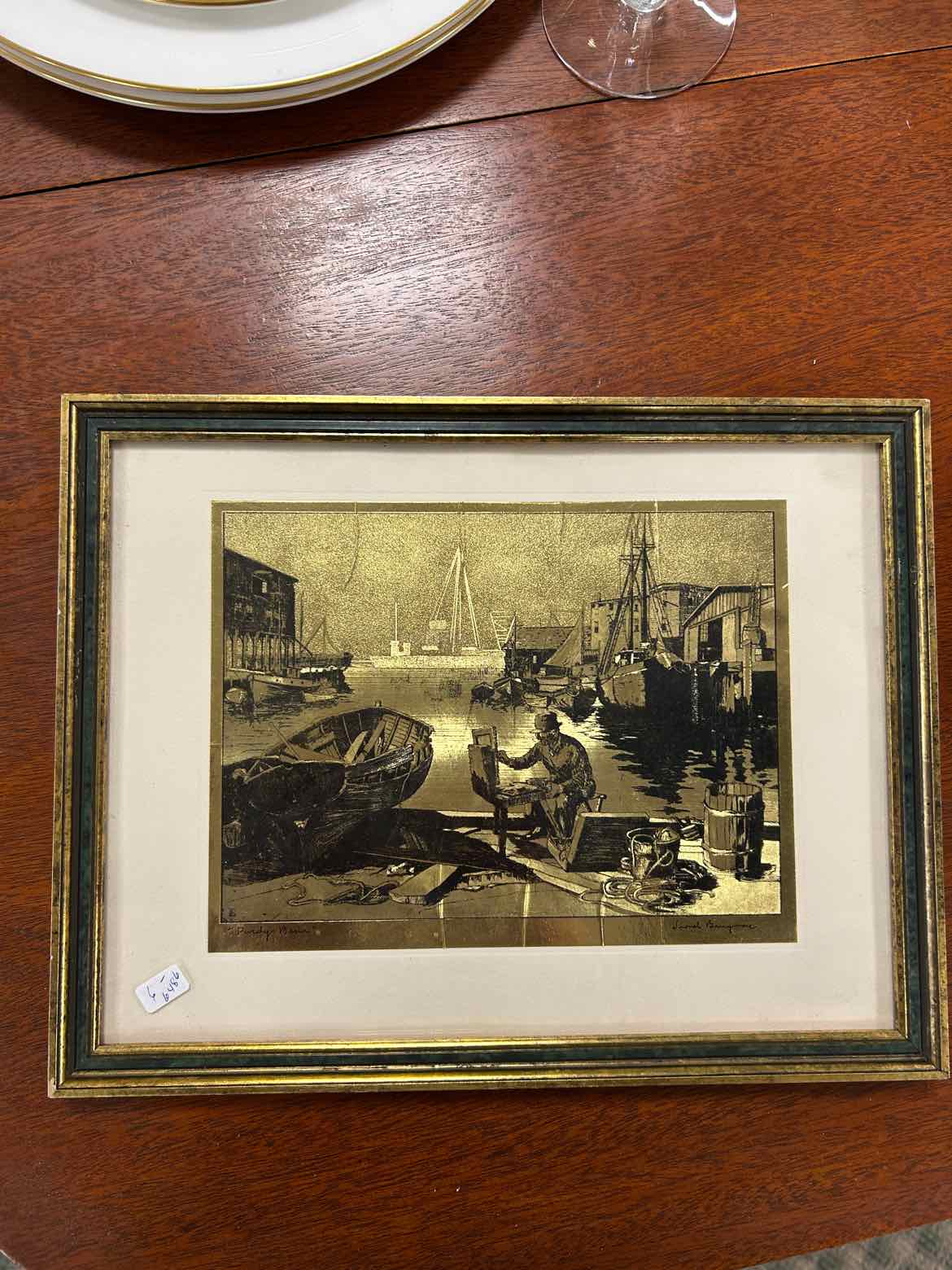 Man And Boat Gold And Black Etching Picture