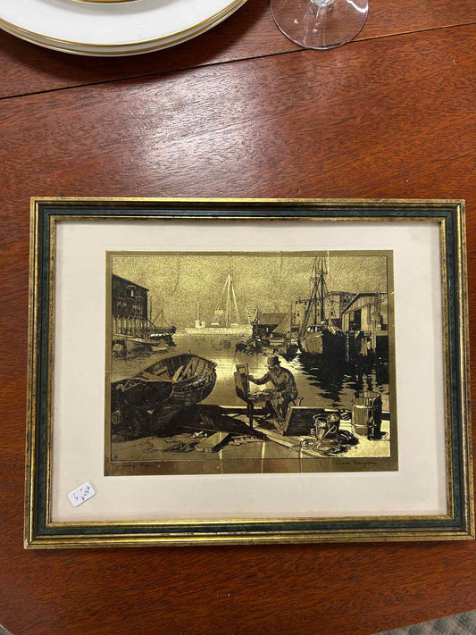 Man And Boat Gold And Black Etching Picture