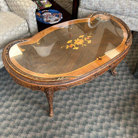 Antique Coffee Table w/Inlaid & Glass Top