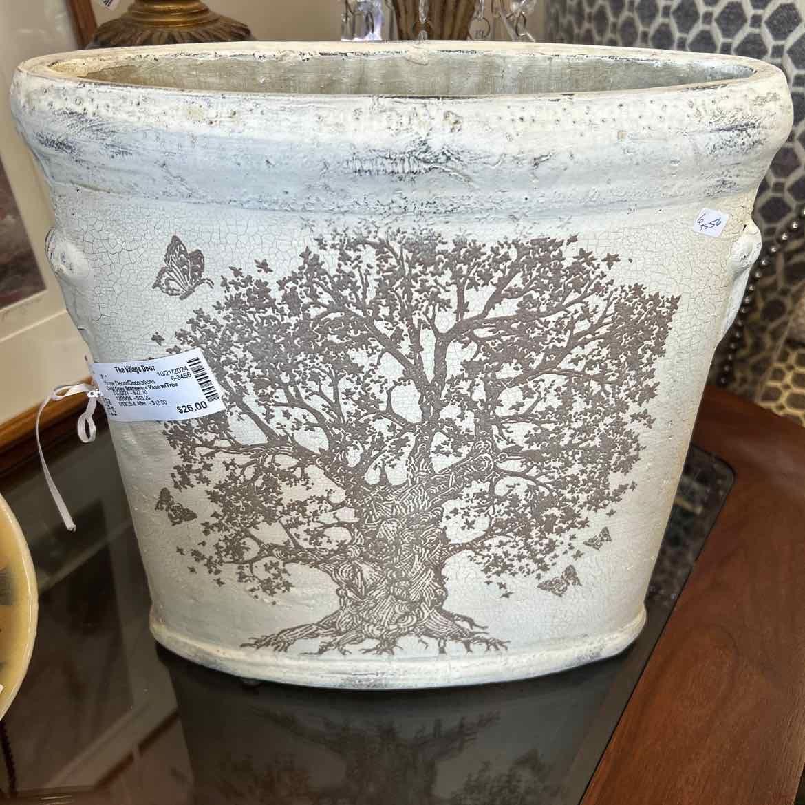 Oval Gray Stoneware Vase w/Tree Design