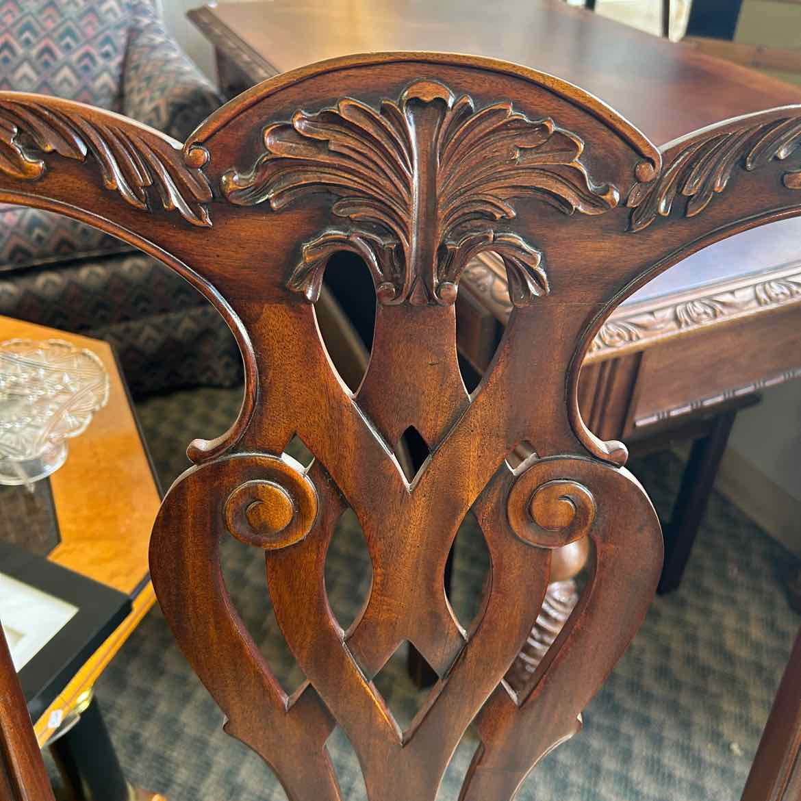 Wood Chair w/Claw Feet & Blue/Tan Upholstered Seat