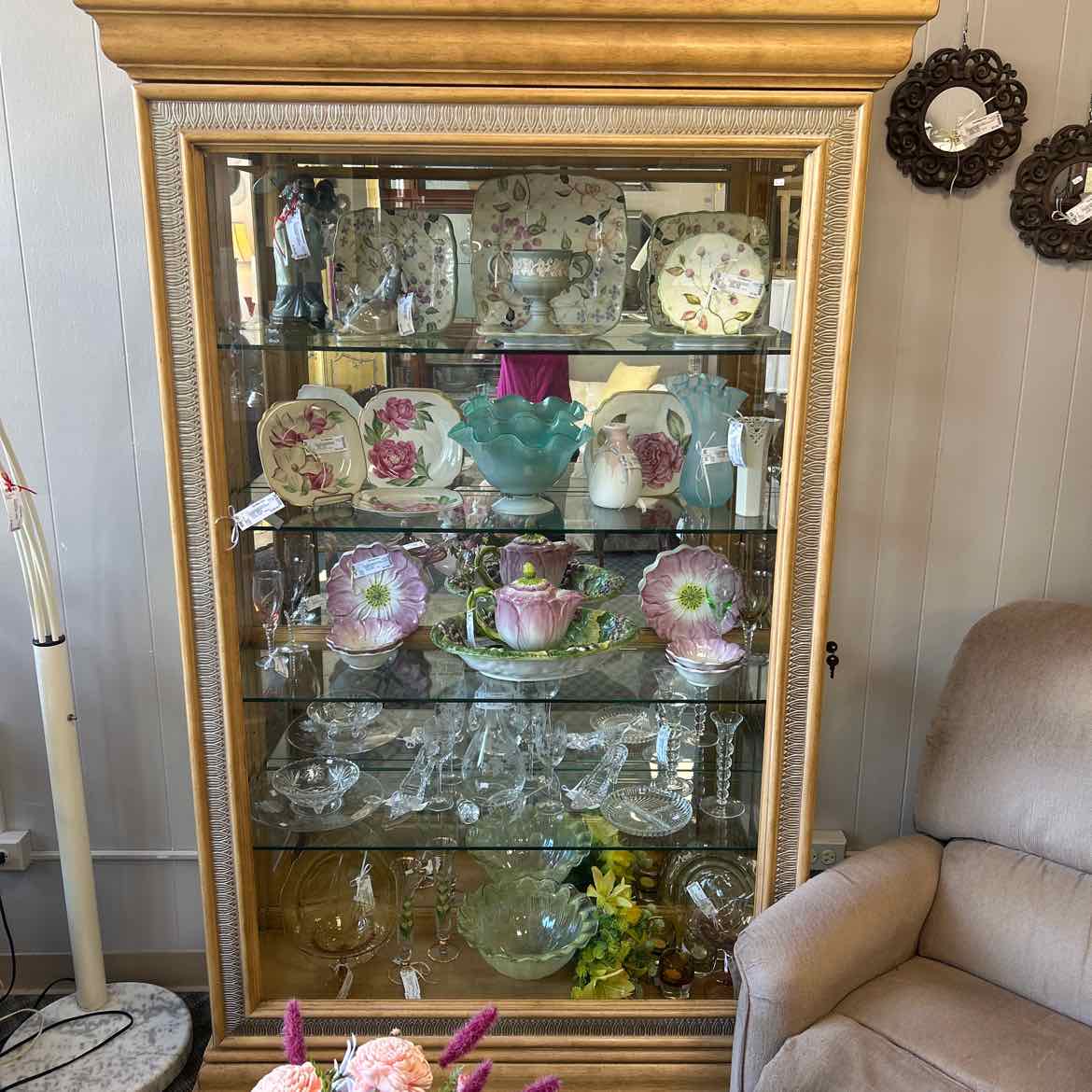 Light Wood Glass Curio Cabinet w/Sliding Door