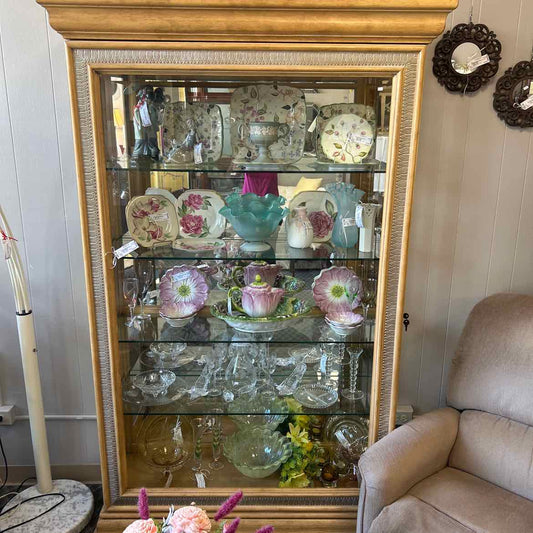 Light Wood Glass Curio Cabinet w/Sliding Door
