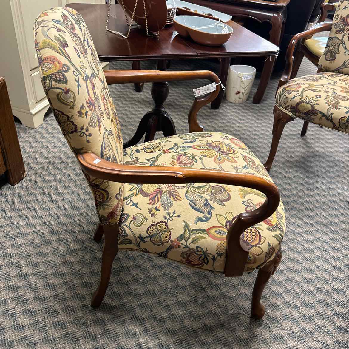 Tan Floral Upholstered Arm Chair - AS IS