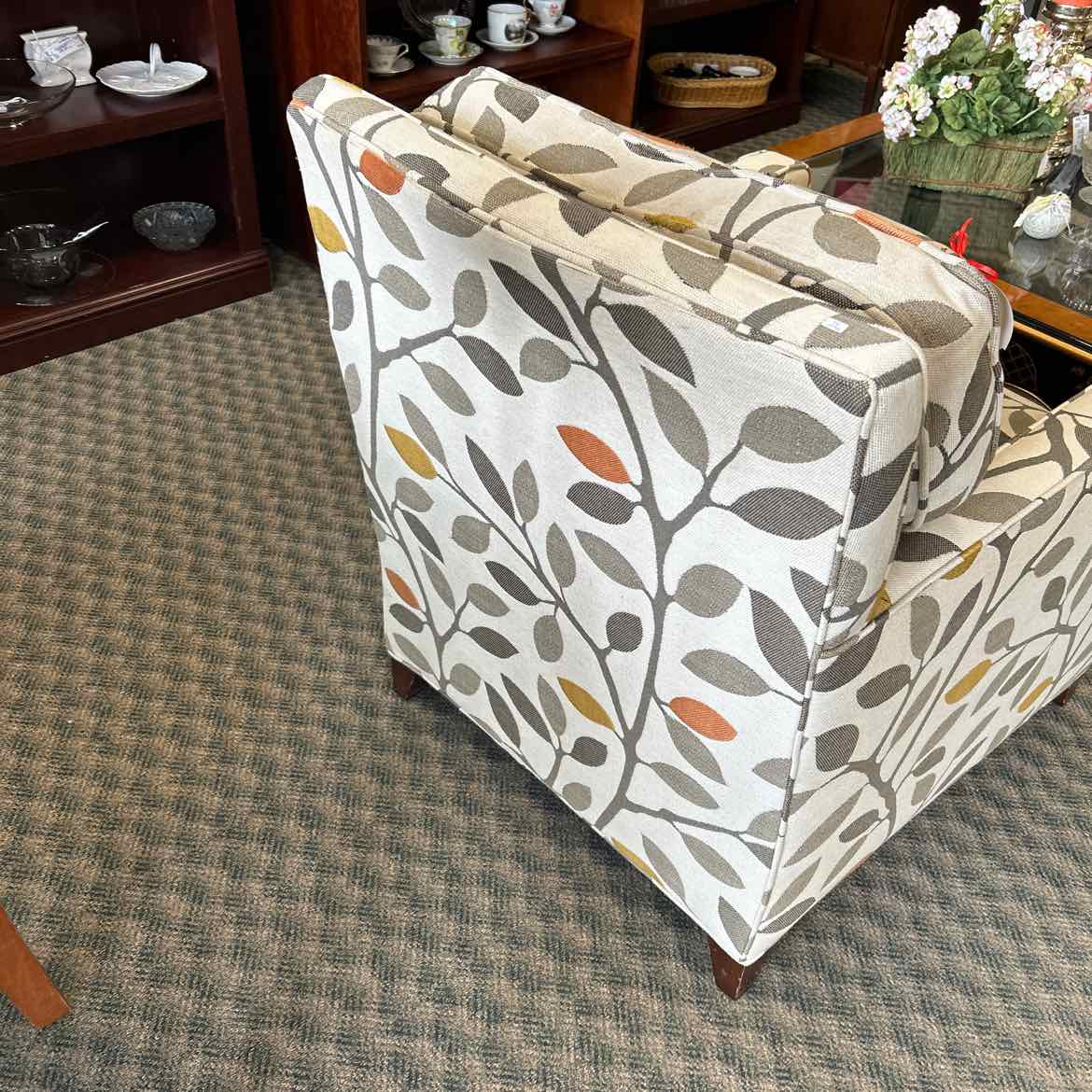 Upholstered Arm Chair W Gray,Green,Gold Leaves