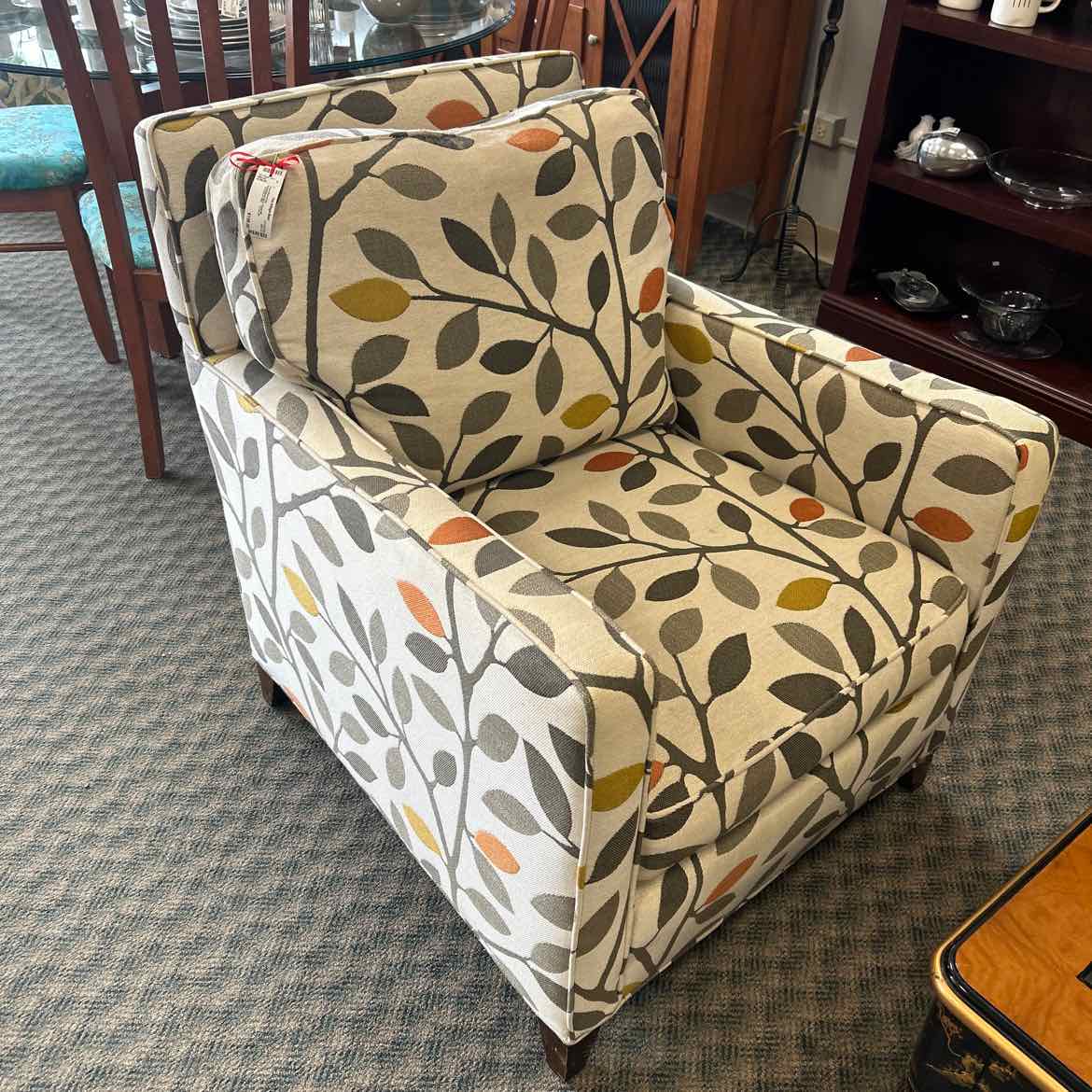 Upholstered Arm Chair W Gray,Green,Gold Leaves