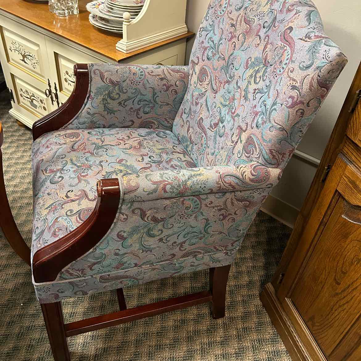 Blue Scroll Pattern Chair w/Wood Arms