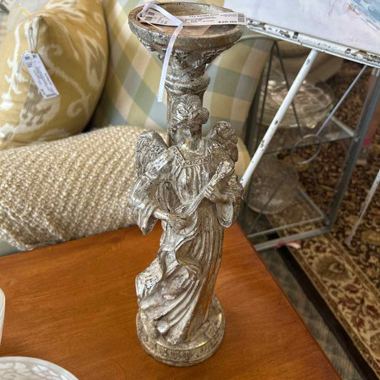 Sparkly Silver Angel w/Lute Candleholder