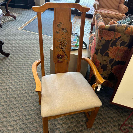 Wood Chair w/ Asian Design and Tan Seat