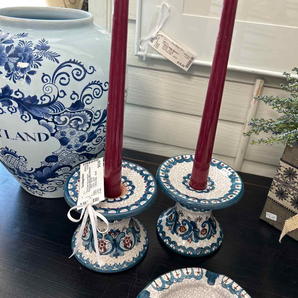 Pair Pottery White w/Blue Abstract Candlesticks