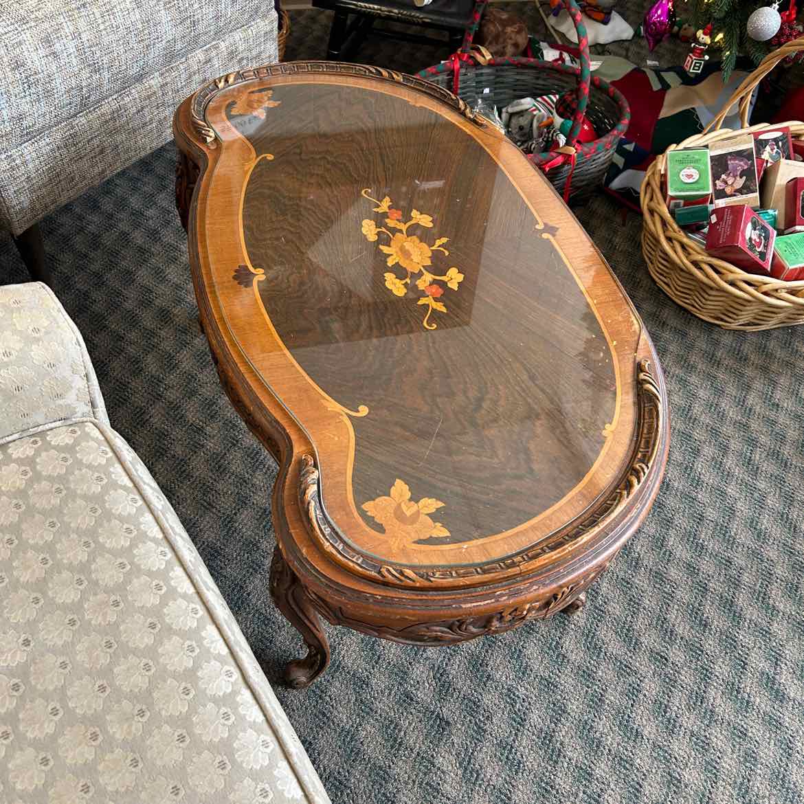 Antique Coffee Table w/Inlaid & Glass Top