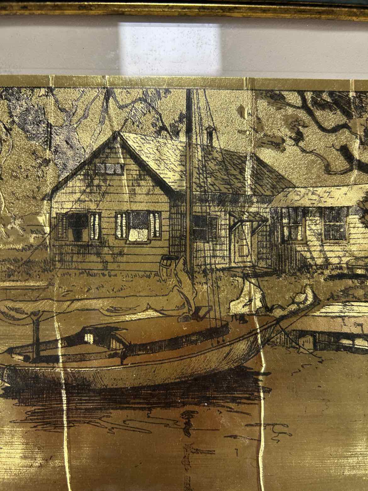 House And Sailboat Gold And Black Etching Picture
