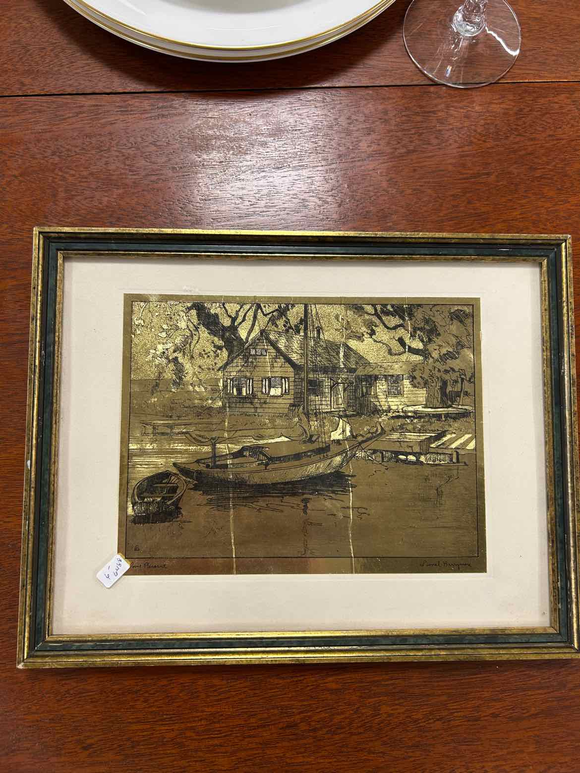 House And Sailboat Gold And Black Etching Picture