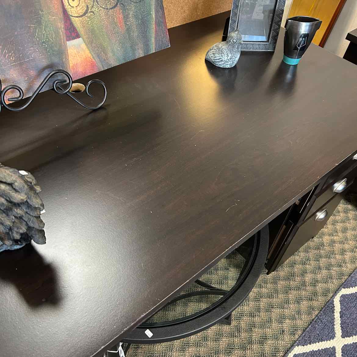 Large Black Wood Desk w/Silver Handles AS IS