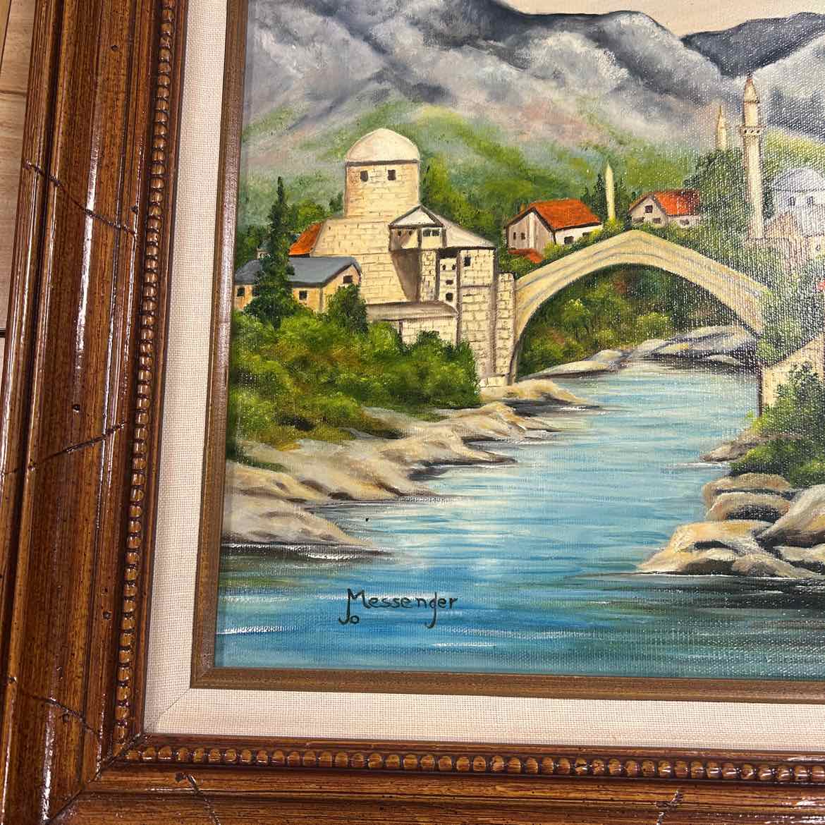 Painting of Town on River w/Mountains