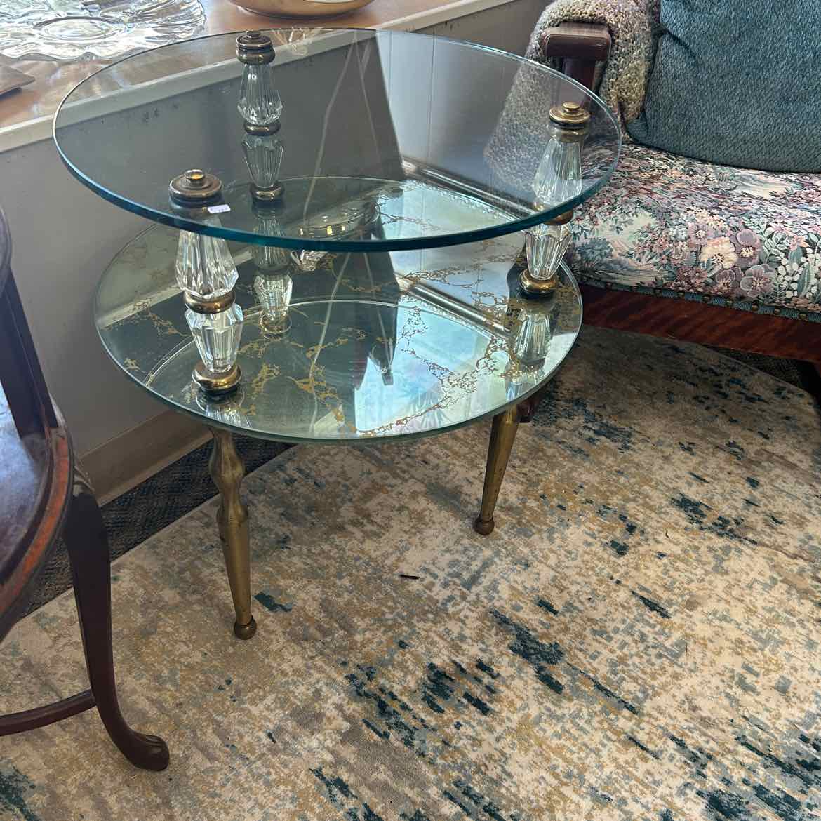 Glass Side Table w/Shelf & Gold Legs
