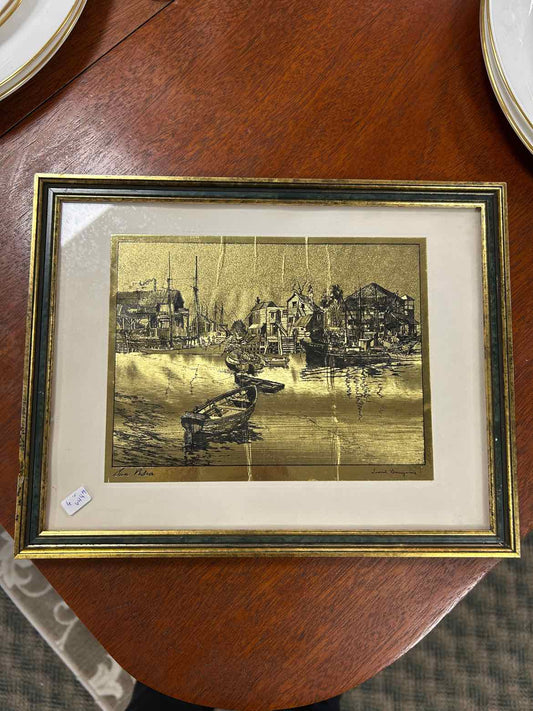 Boats In Harbor Gold And Black Etching Picture