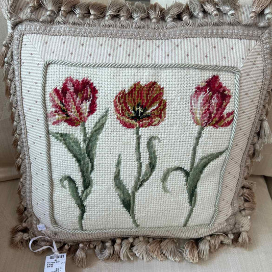 Pillow w/3 Red Flowers & Fringe