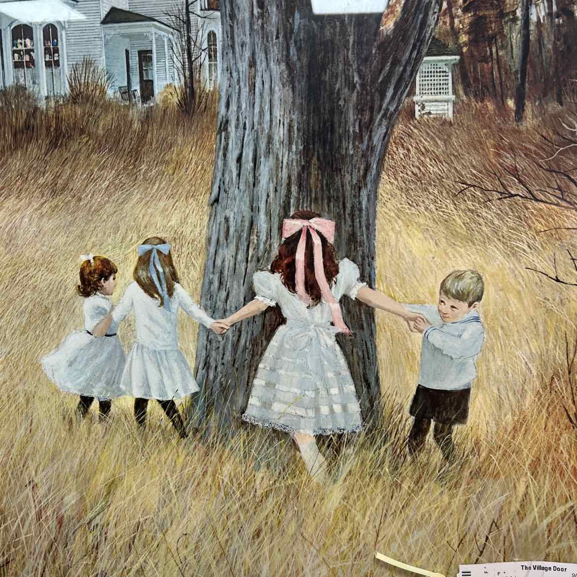 Picture of Children Around Tree in Brown Frame