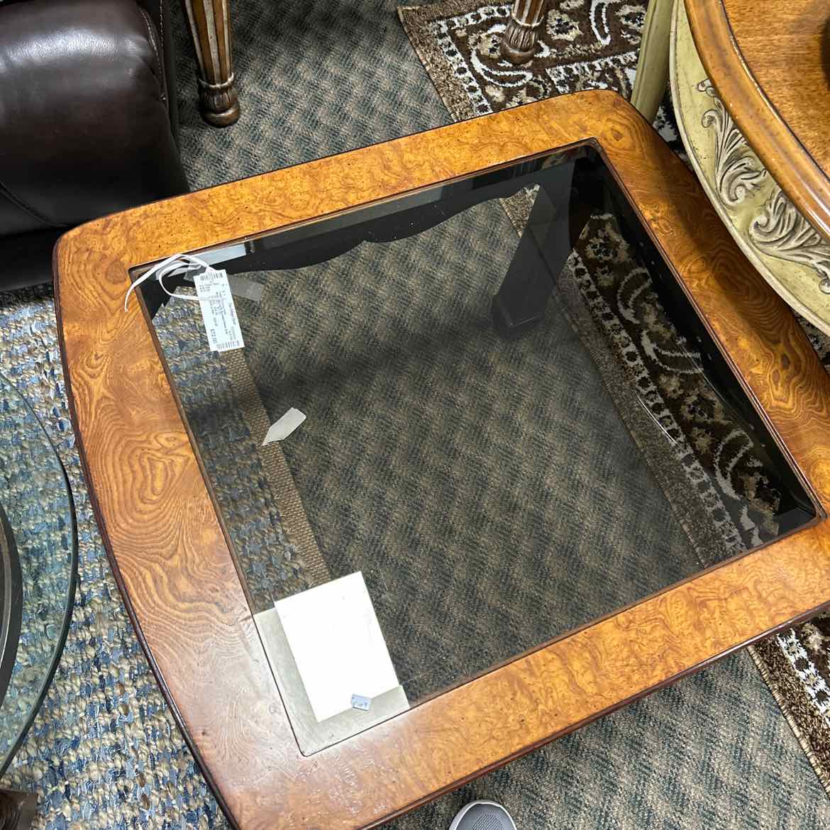 Burled Wood & Beveled Glass End Table