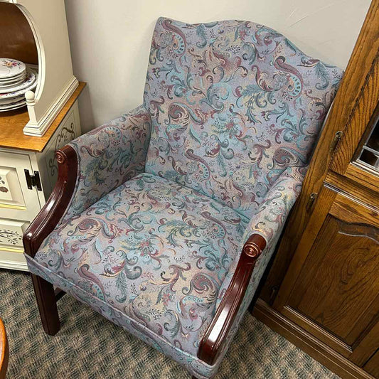 Blue Scroll Pattern Chair w/Wood Arms