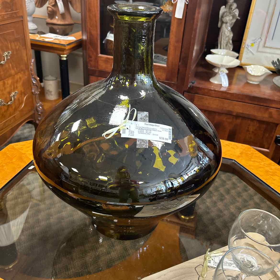 Large Round Green Glass Vase