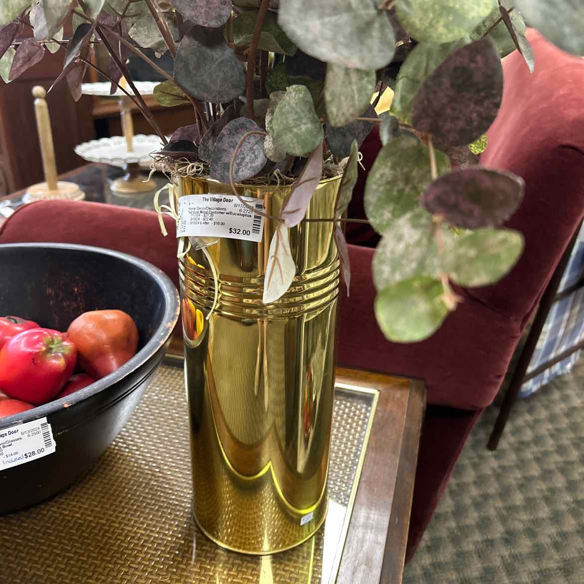 Tall Gold Metal Container w/Eucalyptus Leaves