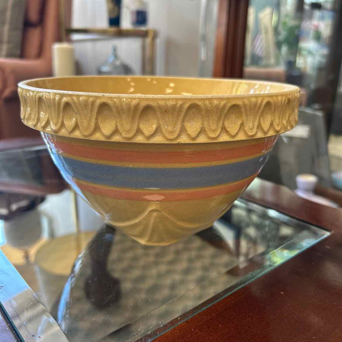 Vintage Stoneware Pink & Blue Stripe Bowl