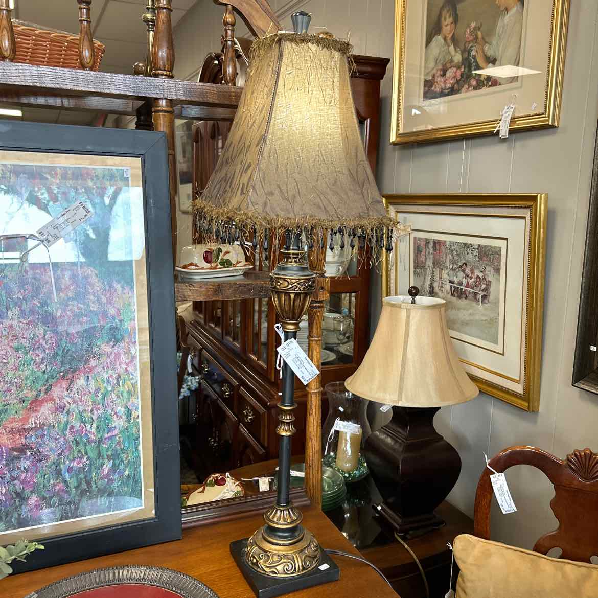 Tall Metal Sofa Lamp w/Brown Fringe Shade