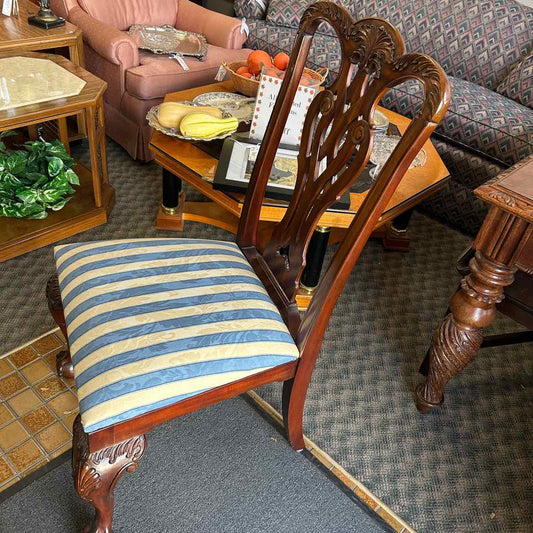 Wood Chair w/Claw Feet & Blue/Tan Upholstered Seat
