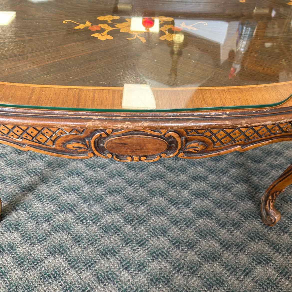 Antique Coffee Table w/Inlaid & Glass Top