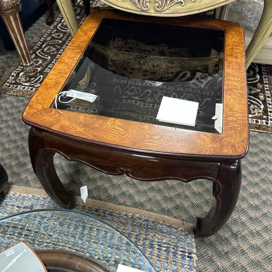 Burled Wood & Beveled Glass End Table