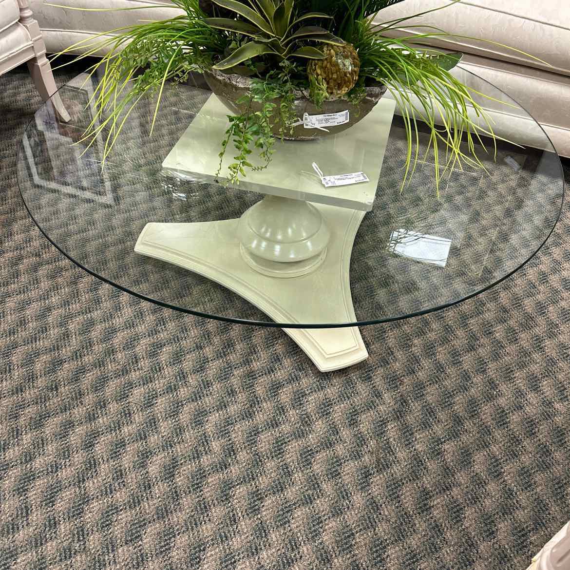 Round Glass Top Coffee Table with Ivory Base