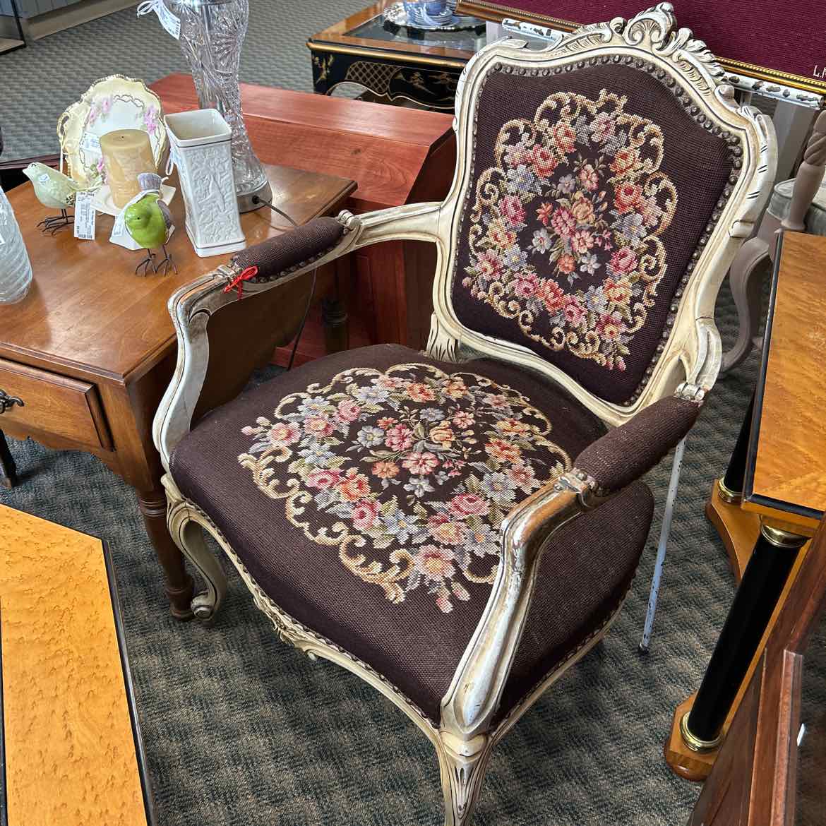 Brown Floral Needlepoint Provincial Chair