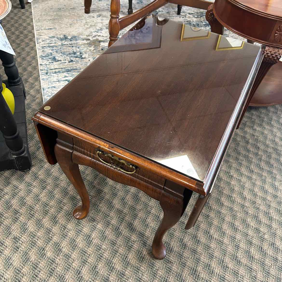Wood End Table w/Folding Sides & Glass Top