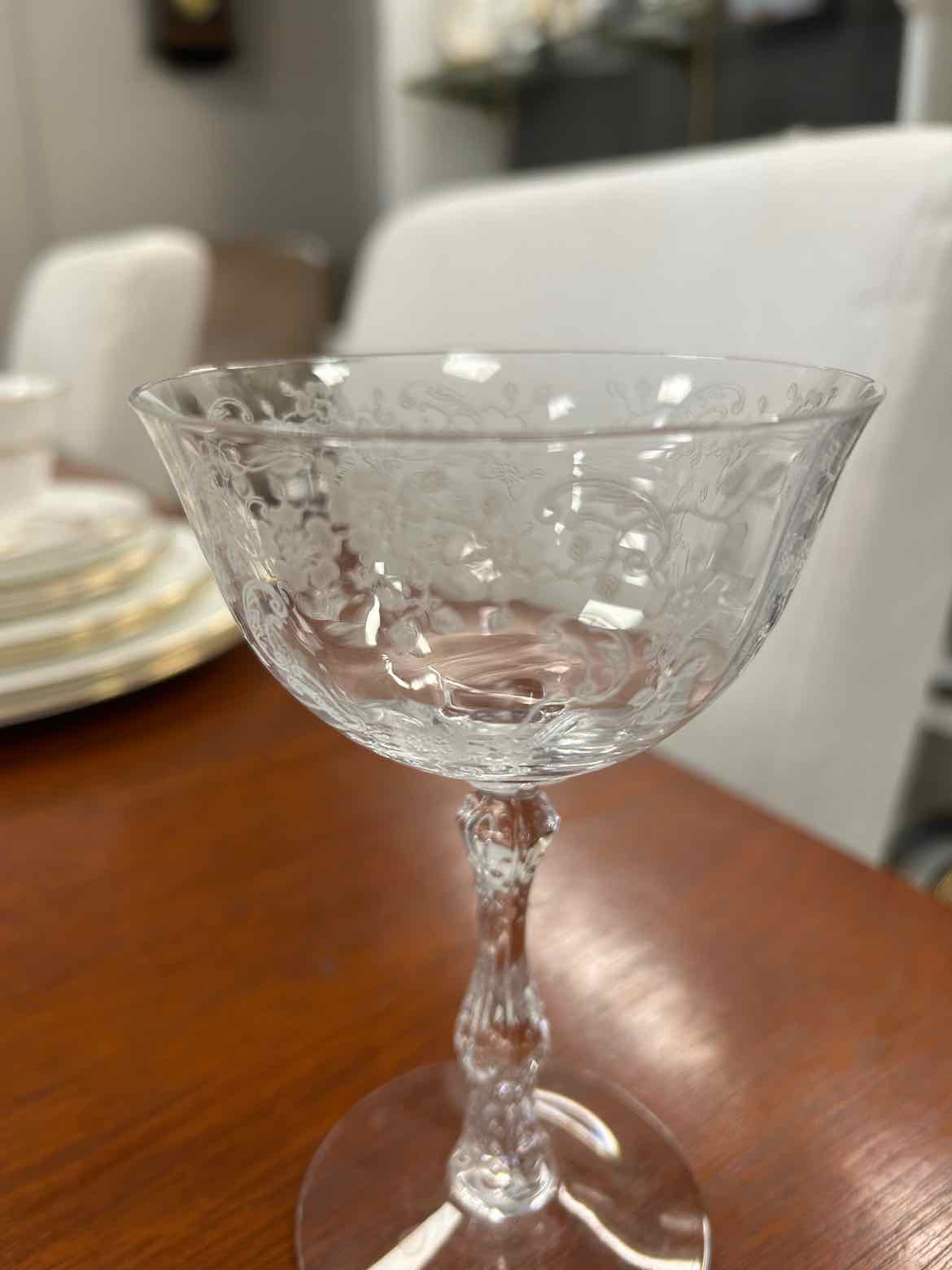 6 Etched Crystal Wine Glasses