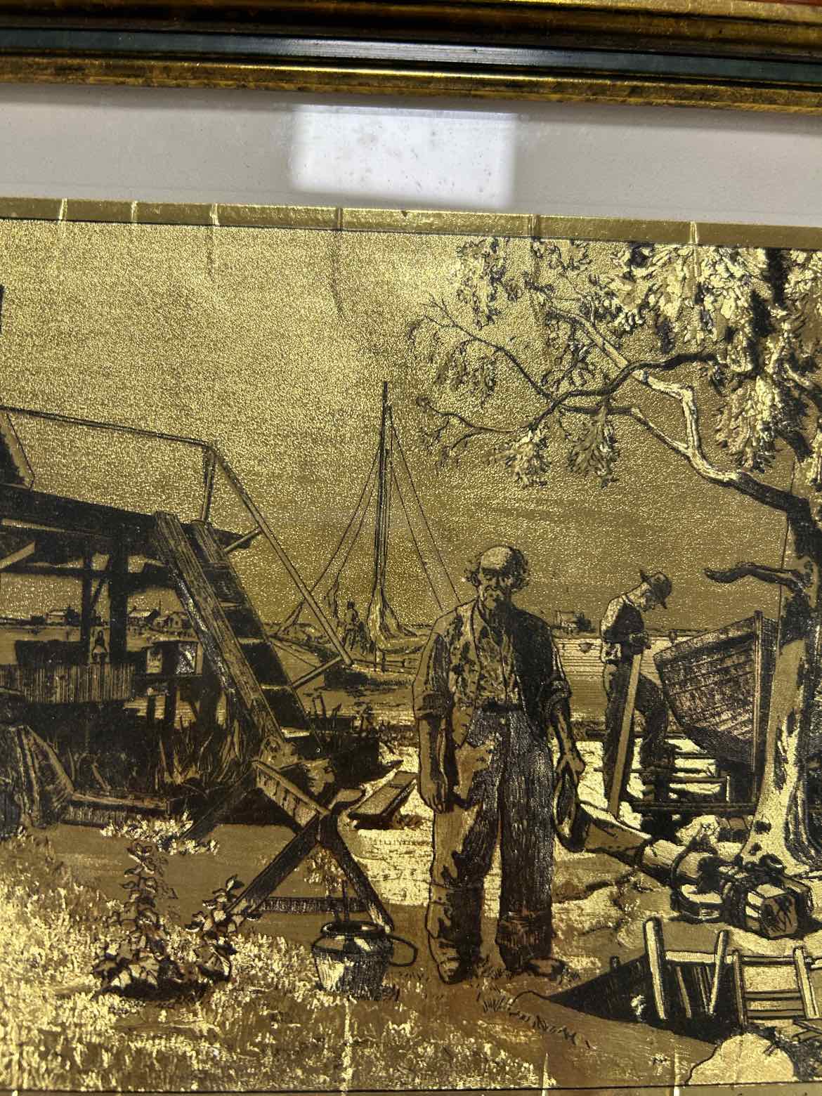 Man And House Gold And Black Etching Picture